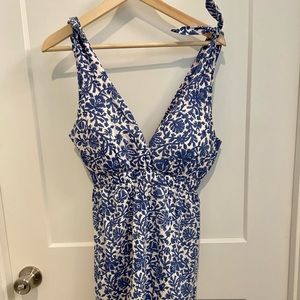 Gretchen Scott Tie Shoulder V Neck Deep V Back Cotton Blue White Floral Dress